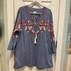 Mud Pie SZ L Embroidered Tunic Top NWT Tillery Tunic Stonewash Top